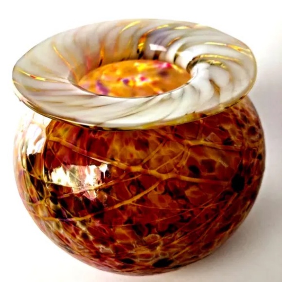 Vase tortoise Swirl hand Blown signed Art Glass Bowl round 4.5 in tall - Picture 1 of 11